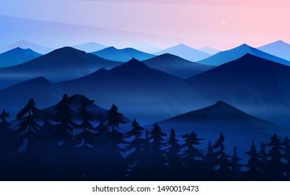 Dark blue mountains. Layered landscape and pastel sunset. Hiking and camping concept. Unbelievable Fog in the swiss valley and Austrian Alps and forest. Vector Background for travel banner or poster.