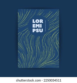 Dark Blue Moving, Flowing Stream of Particles in Curving, Wavy Lines - Digitally Generated Futuristic Abstract 3D Geometric Flyer Design, Template with Round Copyspace in Editable Vector Format