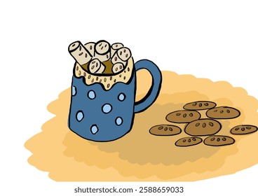 Dark blue mug with light blue dots full of cocoa with marshmallow. Cookies next to each other on a light background. Winter time with hot drink and Christmas atmosphere. Doodle design, tile.