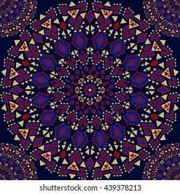 dark blue multicolor circle seamless pattern with rhombus ans triangles