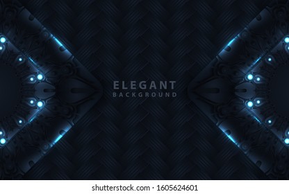 Dark blue navy abstract background with paper shapes overlap layers. Luxury and modern concept texture with mandala element decoration. Vector design template for use frame, cover, banner, card