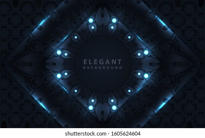 Dark blue navy abstract background with paper shapes overlap layers. Luxury and modern concept texture with mandala element decoration. Vector design template for use frame, cover, banner, card