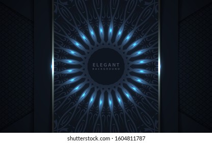 Dark blue navy background. Luxury traditional culture concept texture with mandala element decoration. Vector design template for use greeting card VIP voucher, gift card, ramadan kareem event. 