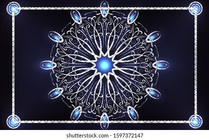 Dark blue navy background with paper shapes overlap layers. Luxury and modern concept texture with mandala element decoration. Vector design template for use invitation, ramadan cover, greeting card