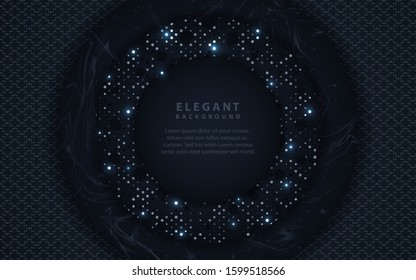 Dark Blue navy background with paper shapes overlap layers. Luxury VIP concept texture with silver glitters dots element decoration. Vector design template for use frame, cover, banner, greeting card