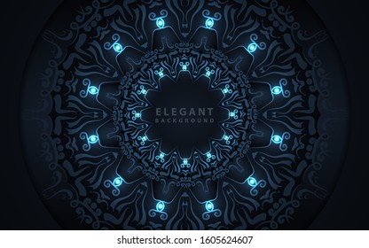 Dark blue navy background with paper shapes overlap layers. Luxury and modern concept texture with mandala element decoration. Vector design template for use frame, ramadan cover, greeting card