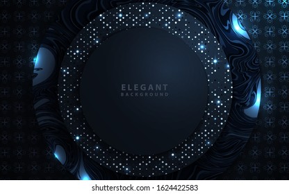 Dark blue navy background with paper shapes overlap layers. Luxury and modern concept texture with silver glitters dots element decoration. Vector design template for use frame, cover, banner, card