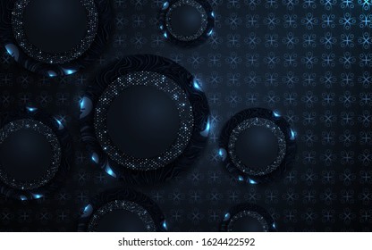 Dark blue navy background with paper shapes overlap layers. Luxury and modern concept texture with silver glitters dots element decoration. Vector design template for use frame, cover, banner, card