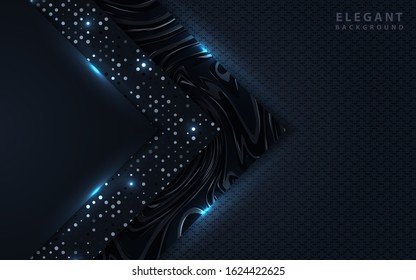 Dark blue navy background with paper shapes overlap layers. Luxury and modern concept texture with silver glitters dots element decoration. Vector design template for use frame, cover, banner, card