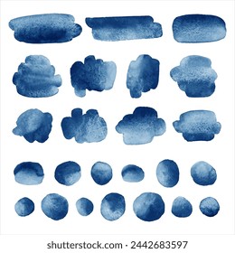 Dark blue, navy watercolor vector elements set. Aquarelle brush strokes, smudges, gradient smears, oval watercolour shapes, doodle circles, paint spots, dots, round stains. Backgrounds collection