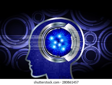 dark blue Neon human head. CPU. blue Circuit board. Vector illustration. Abstract Technology background for computer graphic website internet and business. infographics.
