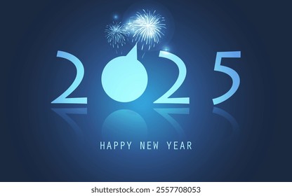 Dark Blue New Year Card Template with Brightly Glowing Fireworks Design - 2025 - Reflective Bright Banner, Typography with 3D Effect in Editable Vector Format