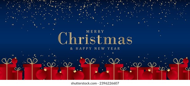 Dark blue New Year and Christmas card with red gift boxes and Christmas balls. New Year vector background, poster, banner with golden text.