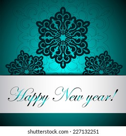 Dark blue new year greeting card with paper tape and snowflakes