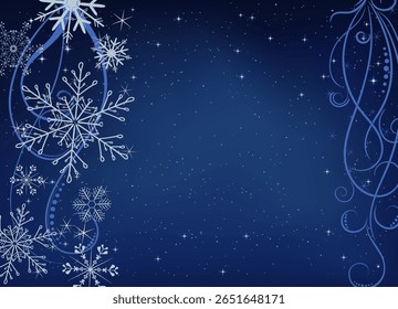 Fundo de noite azul escuro adornado com flocos de neve brancos intrincados e padrões de redemoinho delicados. Os flocos de neve variam em tamanho e design, apresentando formas geométricas e estruturas ramificadas.