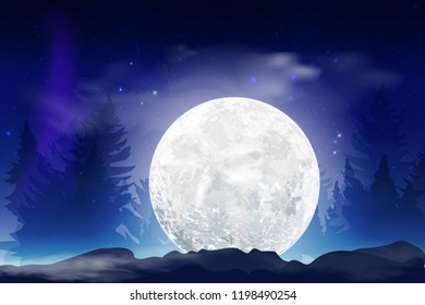 Dark blue night background with full month, clouds and stars. Moonlight night. Vector illustration. Milkyway space background