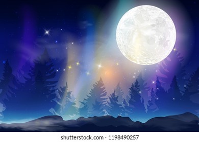 Dark blue night background with full month, clouds and stars. Moonlight night. Vector illustration. Milkyway space background