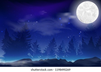 Dark blue night background with full month, clouds and stars. Moonlight night. Vector illustration. Milkyway space background