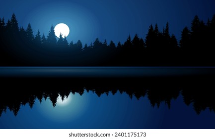 Dark blue night at river with forest and full moon