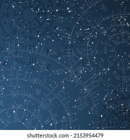 Dark blue night sky background with stars and circle nordic symbols. Old vikind runes mythology signs in space wallpaper