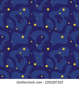 Cielo azul oscuro nocturno con brillantes estrellas amarillas. Patrón sin foco para Halloween, fondo, impresión. Ilustración del vector