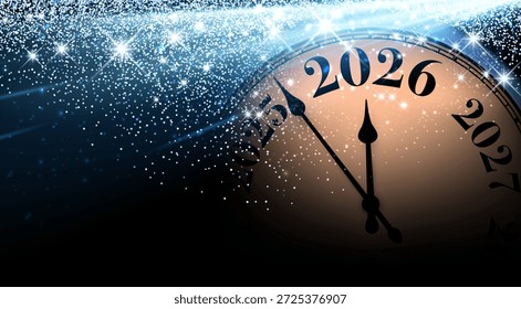 Dark blue night sky with glittering stars and a clock striking midnight for 2026. Vector illustration.
