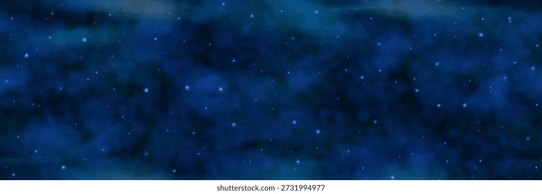 A dark blue night sky seamless bg with sparkling stars. A vector illustration with gradient mesh and overlay effects. Mystic smog or mysterious mist. Vapor with white sparks.