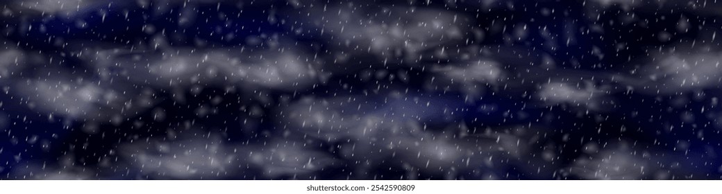 Céu noturno azul escuro com queda de neve e nuvens como um padrão sem costura. Neve caindo bg. Ilustração vetorial com efeito de sobreposição e elementos transparentes