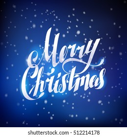 Dark Blue Night Snow Merry Christmas Hand Lettering Greeting Card