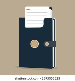 Dark Blue Notebook with Buttoned Strap, Beige Accents, Inserted Lined Notepad, stationery dairy and Soft Shadows on Beige Background Flat Illustration icon Vector EPS 10 