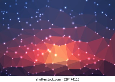 Dark blue and orange abstract geometric background consisting of colored triangles with lights in corners.