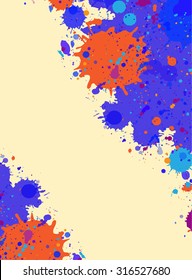 Dark blue with orange drops watercolor artistic splashes frame with room for text, vertical format.