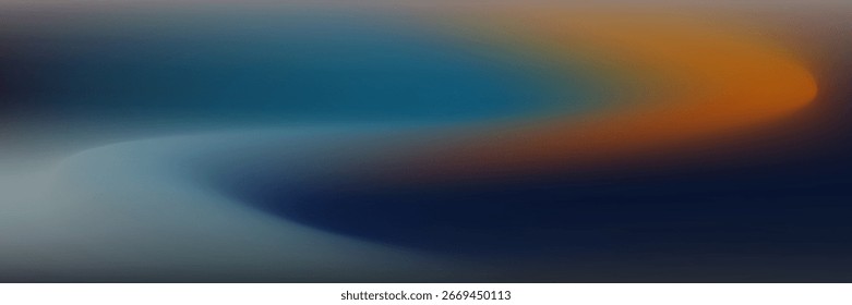Dark blue orange grainy gradient background, blurry color flow with noise texture, wide banner size