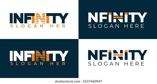 Dark Blue and Orange Infinity Logo Design on Dark Blue and White Background. Company identity, company brand name, corporate, real estate Logo Design Template Element, use any new business