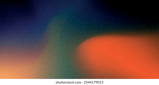 Dark blue orange red grainy texture background abstract vibrant color wave shape black backdrop noisy wide banne