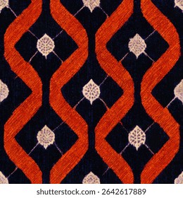 Donkerblauw en oranje herhalend patroon, een geborduurd geometrisch motief met kleine witte accenten. grunge lijnen ikat patroon, ikat naadloos patroon, Vector illustratie achtergrond voor het afdrukken van het papier.