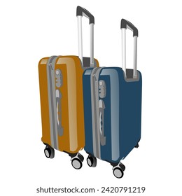 dark blue and dark orange suitcases lined up neatly on a white background