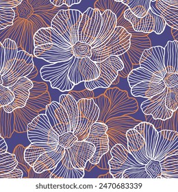 Dark blue, orange vector seamless doodle pattern with flowers. Decorative design of flowers on white background. Pattern for design of fabric, wallpapers.