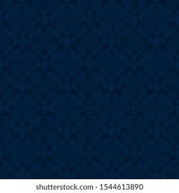 Dark blue ornament on blue background. Floral ornament on background. Cute seamless floral pattern. Background design. Vintage vector wallpaper
