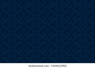 Dark blue ornament on blue background. Floral ornament on background. Trendy wallpaper, great design for any purposes. Seamless wallpaper pattern. Cute vector illustration