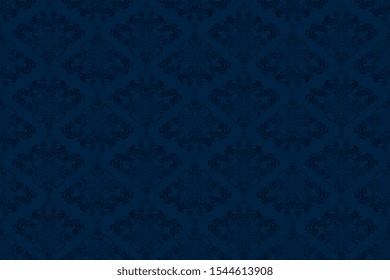 Dark blue ornament on blue background. Seamless pattern. Wallpaper in vintage style on ackground. Floral ornament on background. Cute vector illustration