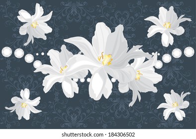 Dark blue ornamental background with white flowers. Vector