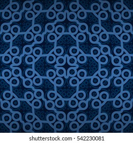 Dark blue ornamental seamless pattern in alien style. Vivid, contrast design for carpet, curtain, wallpaper or other purpose. Entangled tessellated repeatable backdrop.