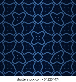 Dark blue ornamental seamless pattern in fractal style. Compound puzzle repeatable backdrop. Bright, symmetric design for banner, fabric, wallpaper or other purpose.