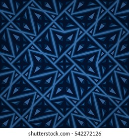 Dark blue ornamental seamless pattern in kaleidoscopic style. Colored, graphical design for game, web, ads or other purpose. Clean puzzle repeatable backdrop. Vector background. Contemporary design.