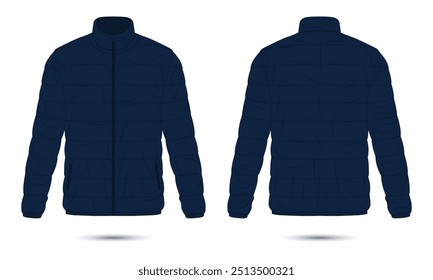 Dark blue outdoor puffer jacket mockup front and back view