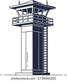 Dark blue outline of a tall guard tower with windows and ladder watch security