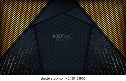 Dark blue overlap background with gold lines. Texture with glitters and hexagon pattern.