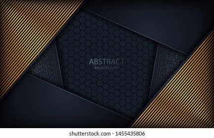 Dark blue overlap background with gold lines. Texture with glitters and hexagon pattern.