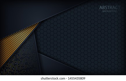 Dark blue overlap background with gold lines. Texture with glitters and hexagon pattern.
